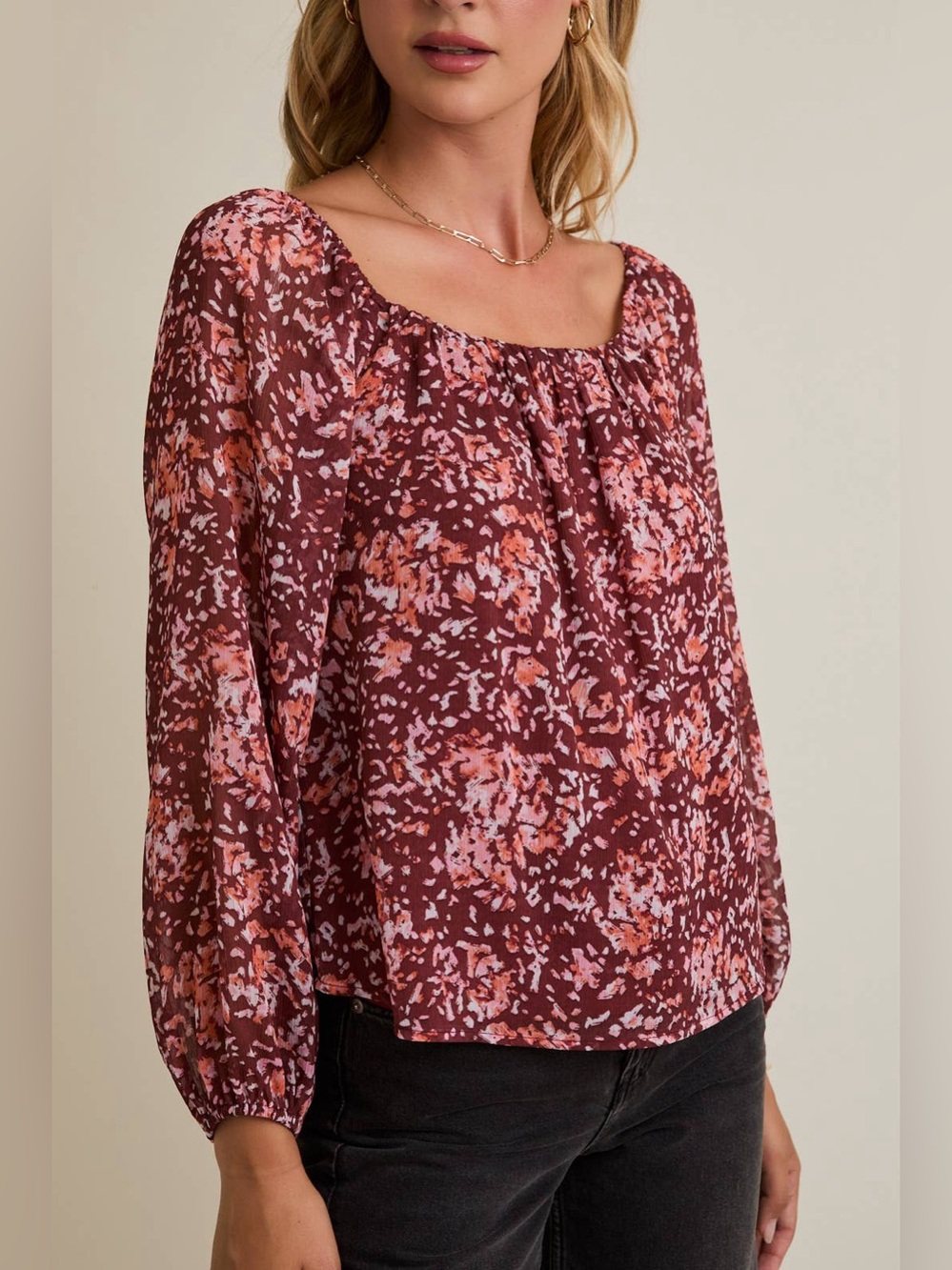 Gilli Burgundy Square Neck Top Floral Off-Shoulder Blouse! Size Medium.